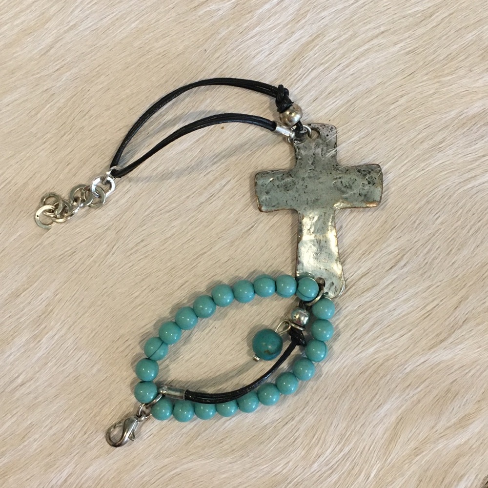 Cross Bracelet, Beaded, Leather